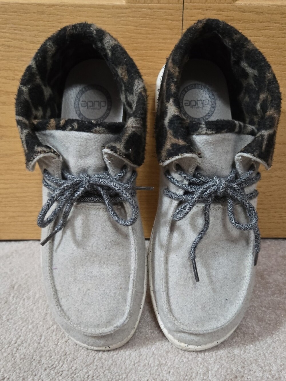 Hey Dude Light Gray Suede Moccasins with Leopard-Print Collar